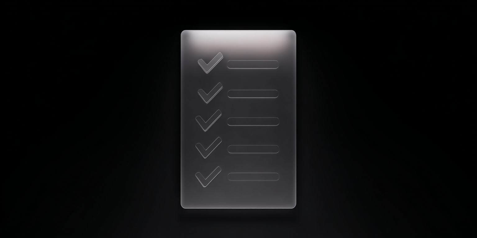 Frosted glass checklist with five checkmarks—MVP demo readiness steps.