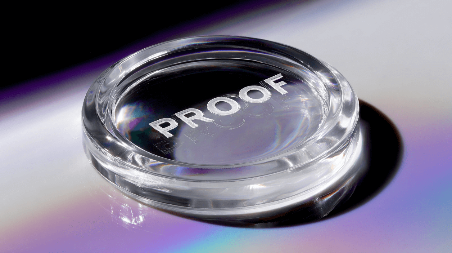 A button with the words "PROOF" written on it on top of a colorful sleek table