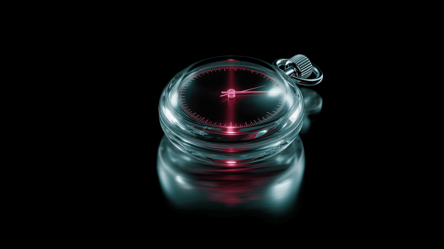 Glass stopwatch with red glow on black, symbolizing a weekly sprint cadence to increase ecommerce sales