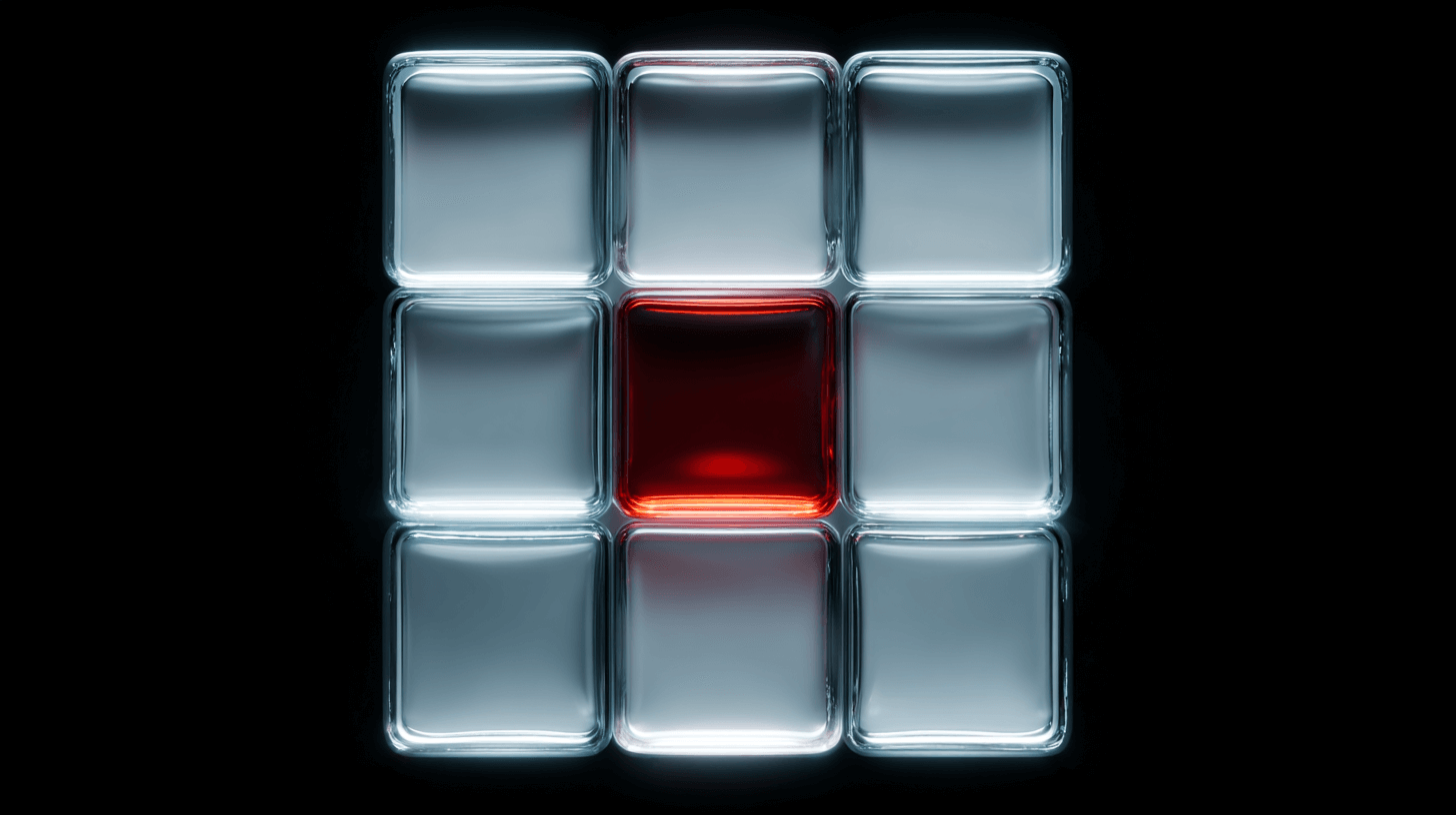 Minimal 3x3 glass grid with the center tile glowing red on a black background.