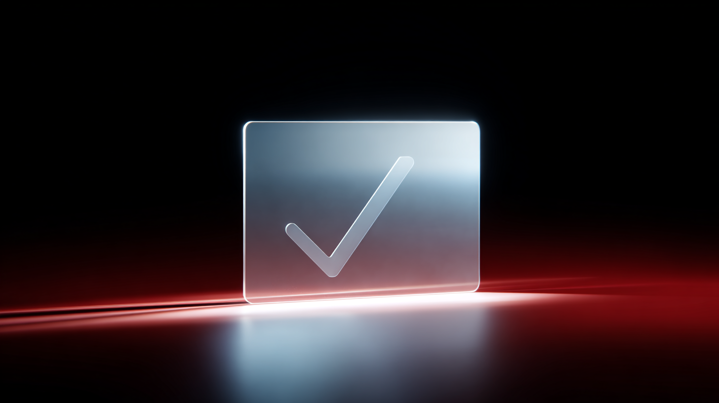 clear square glass with a checkmark engraved with a black background and a red dash