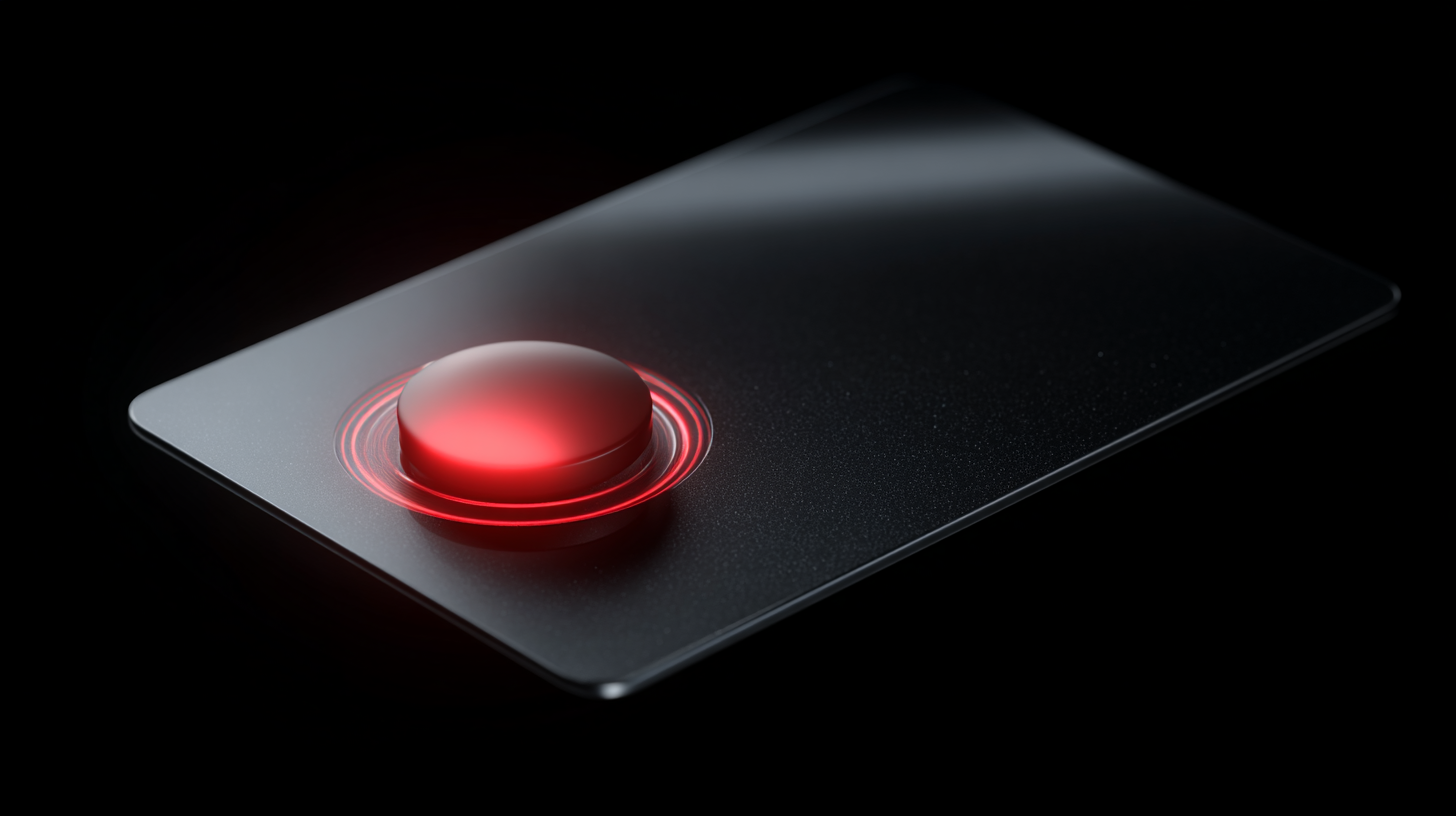 A sleek site browser card with a red button on it in a black background.