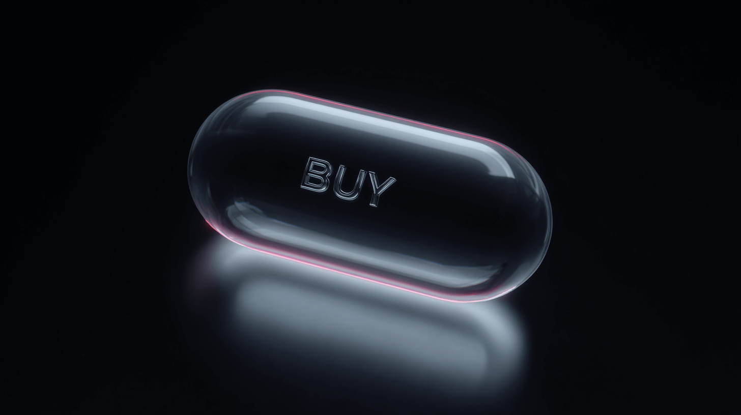 Minimal glass “BUY” pill on dark background, conversion cue for digital checkout.