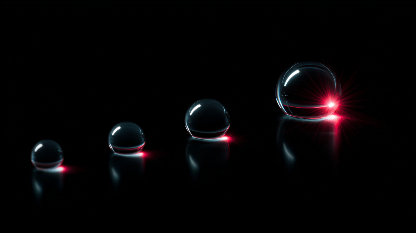 Four glass spheres growing left-to-right with a red highlight on the largest—small wins compounding to a strong buy signal.