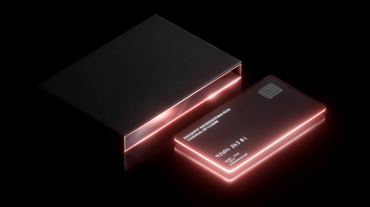 Minimal black passport with a glowing digital card sliding out — representing seamless international digital product sales.
