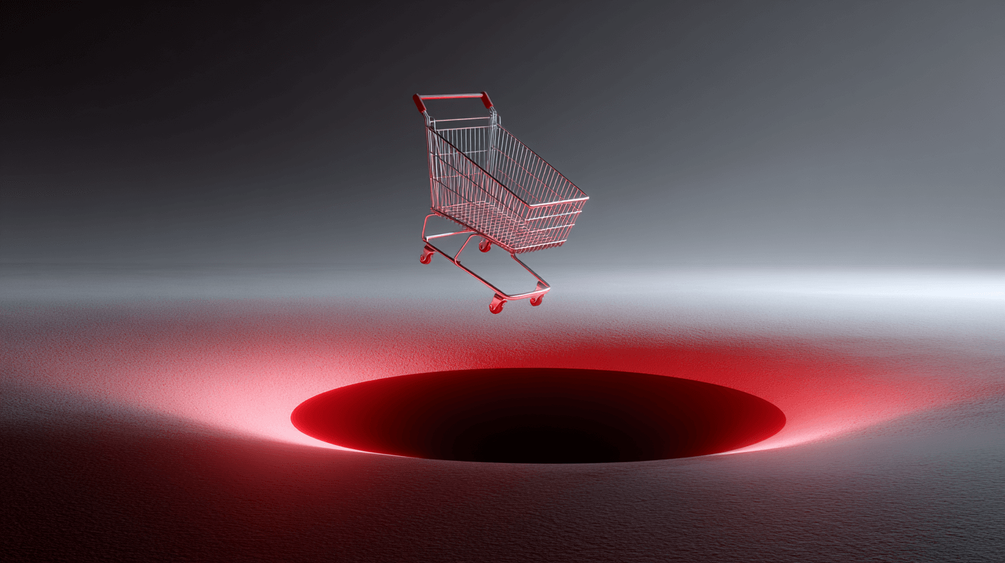 Checkout shopping cart dropping toward a red pit—metaphor for revenue lost to checkout mistakes.