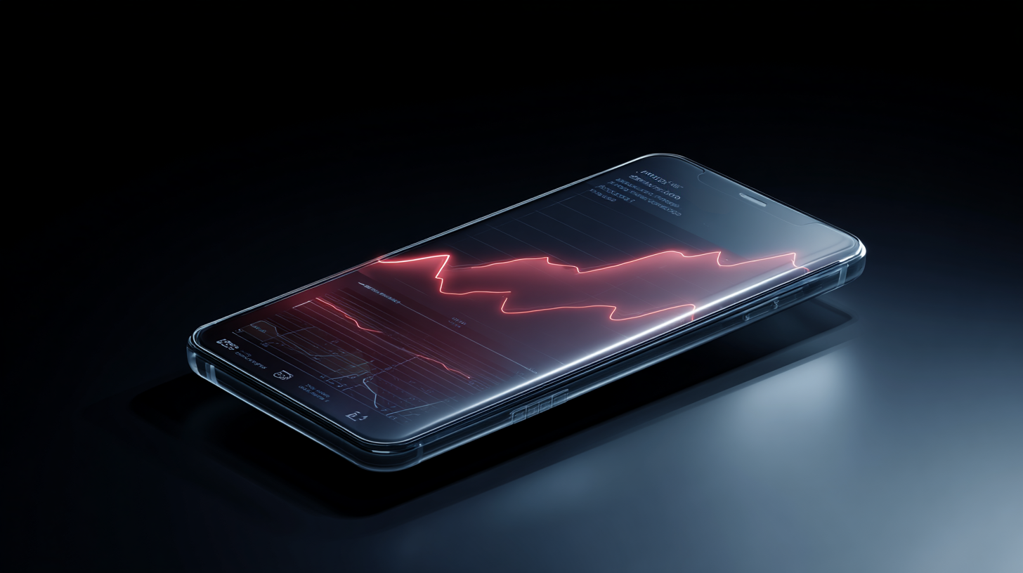 Smartphone screen showing red glowing data graphs, representing ecommerce SEO insights and visibility.