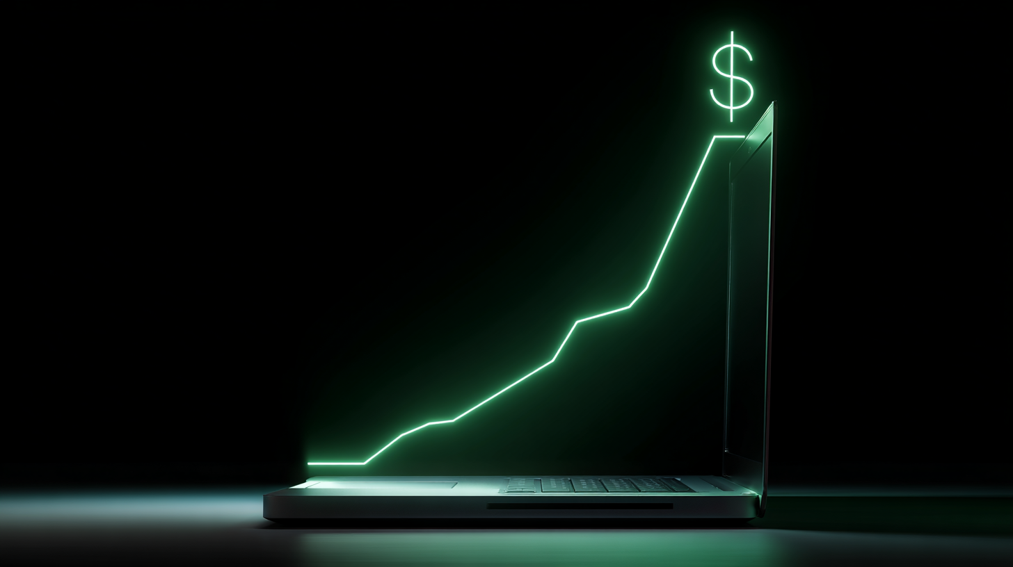 Laptop with glowing green line graph rising into a dollar symbol, representing ecommerce growth from strong SEO performance.