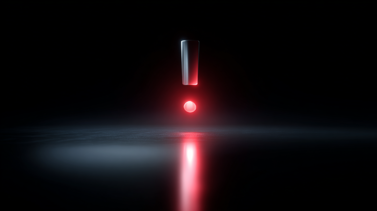 Floating red glowing exclamation mark over dark surface, cinematic reflections