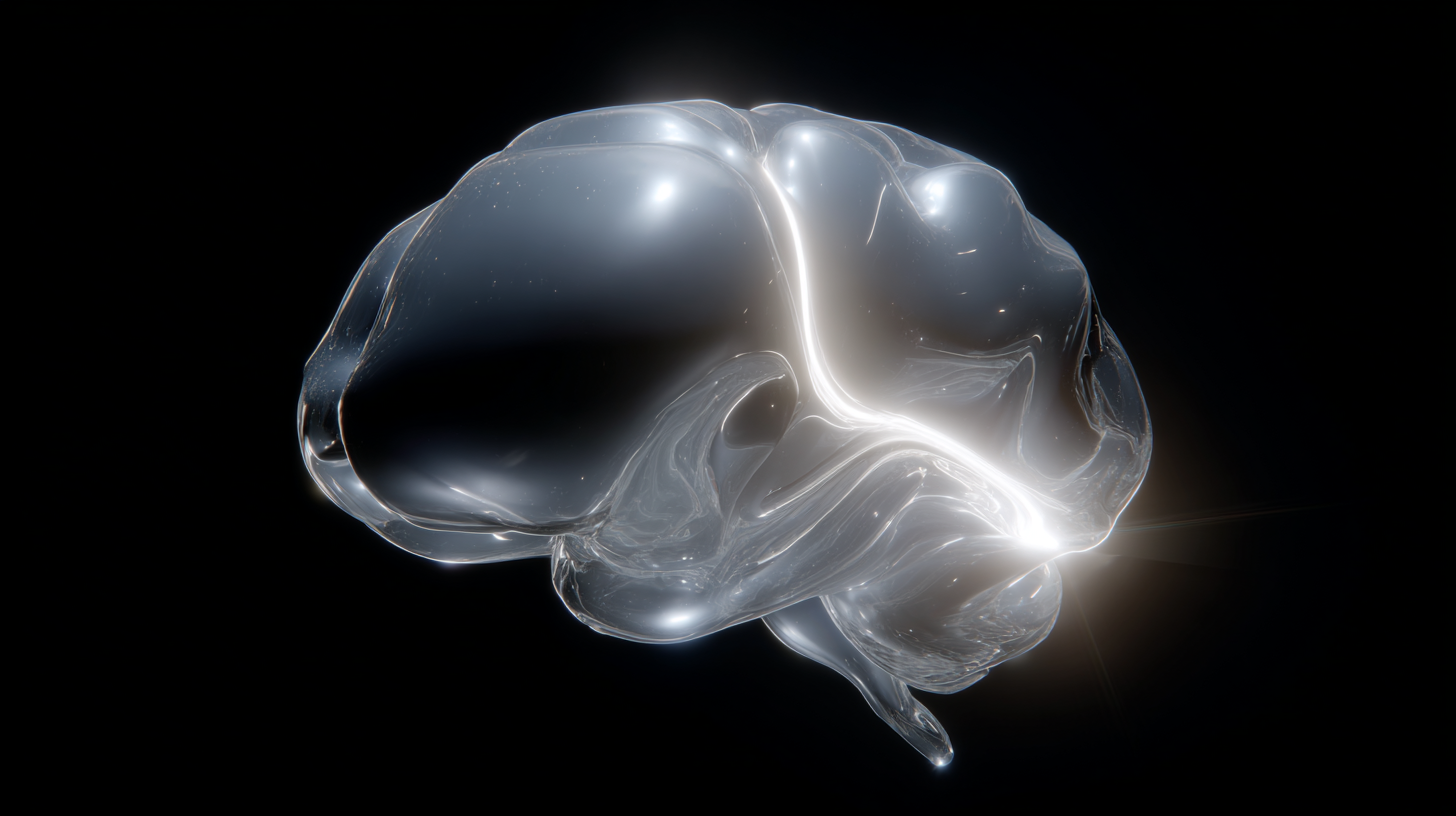 Transparent glass brain glowing with single illuminated connection line