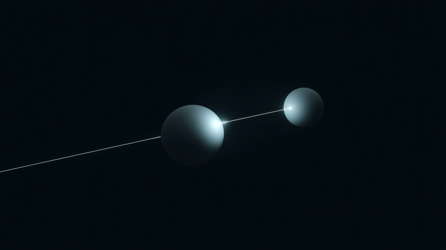 Two glowing dots connected by a bright light beam over dark background