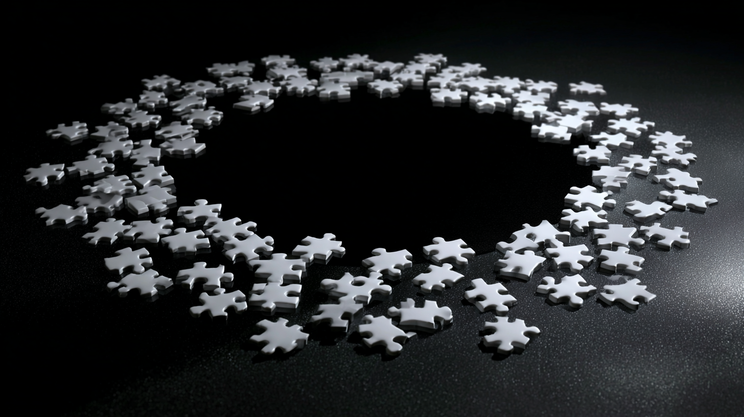 Glossy puzzle pieces arranged around empty circle under soft light