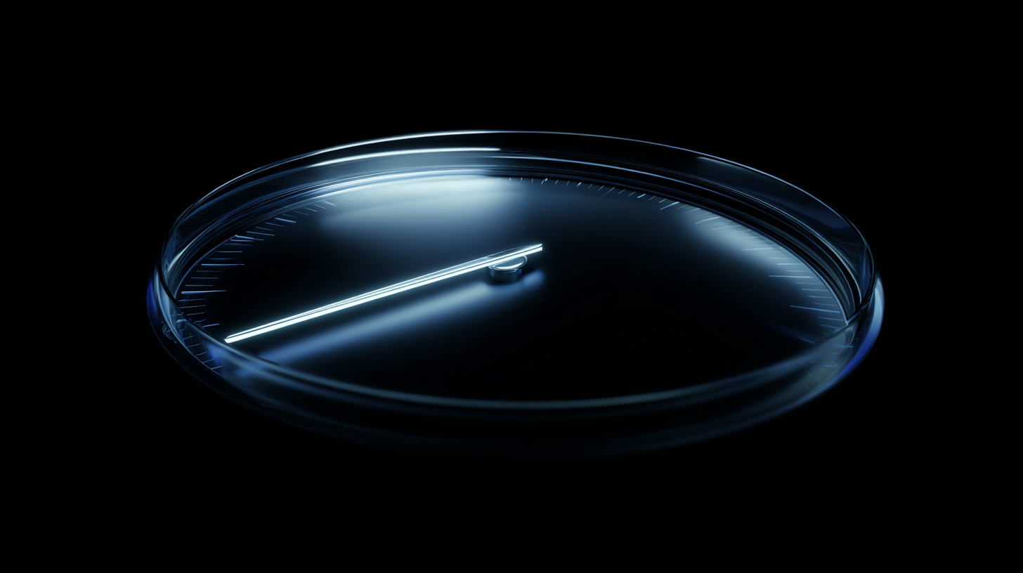 Transparent blue-lit speedometer dial angled on dark reflective surface