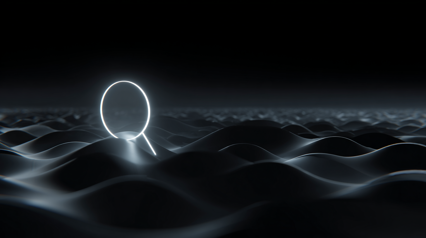 Glowing search icon rising over soft wave pattern on black background
