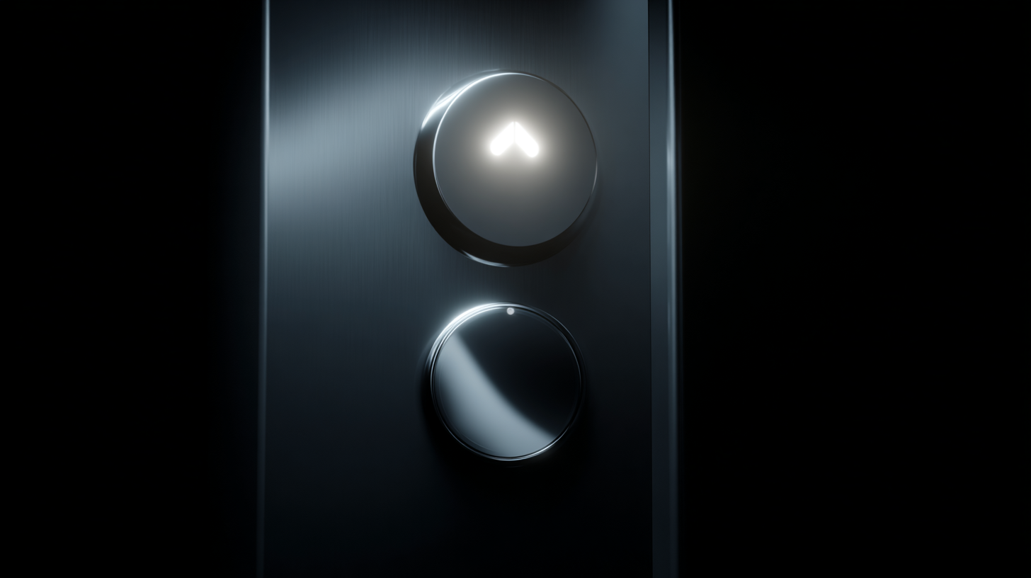 Elevator panel with lit up-arrow button, minimal dark background.