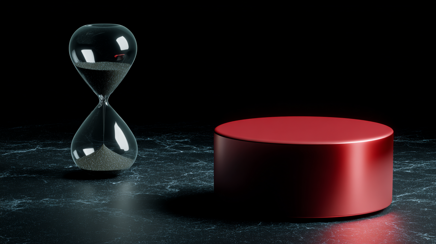 Hourglass beside a red stop button on a dark surface — waiting versus action in UX decisions.