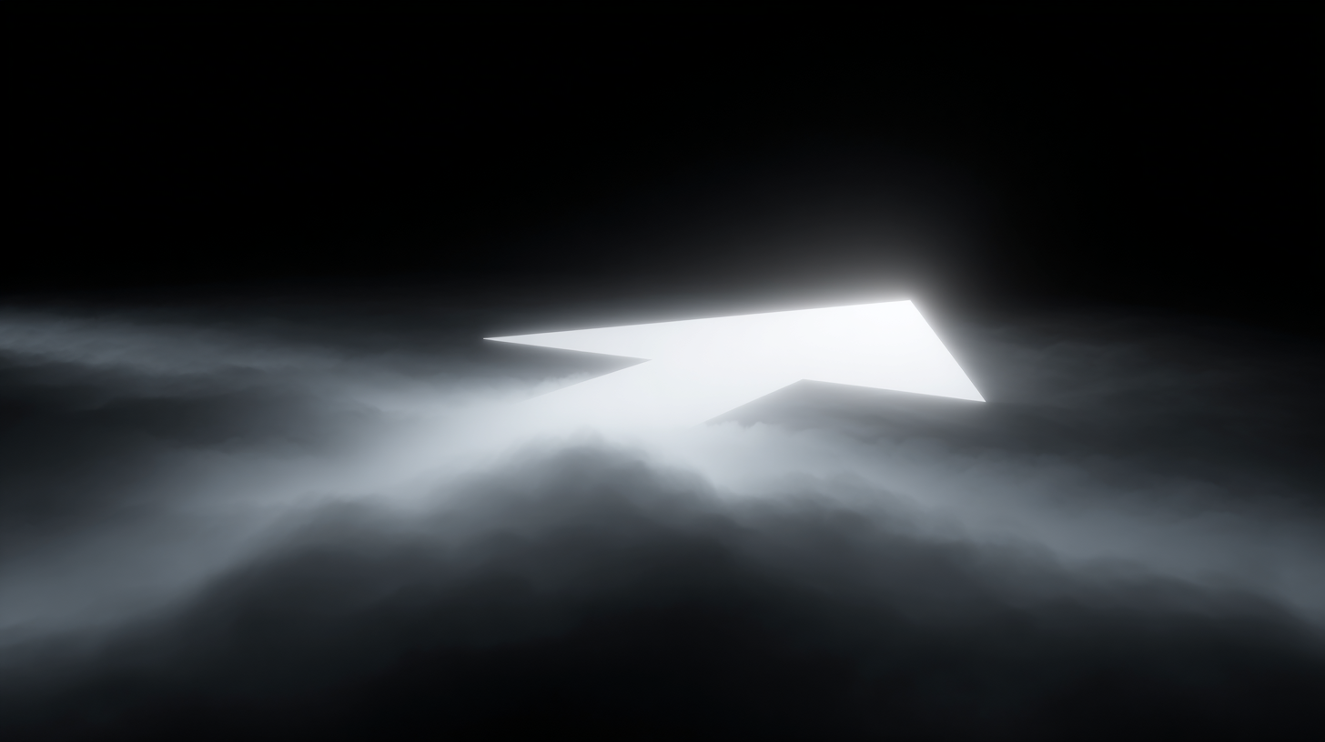 A glowing white cursor emerging from fog in a black background