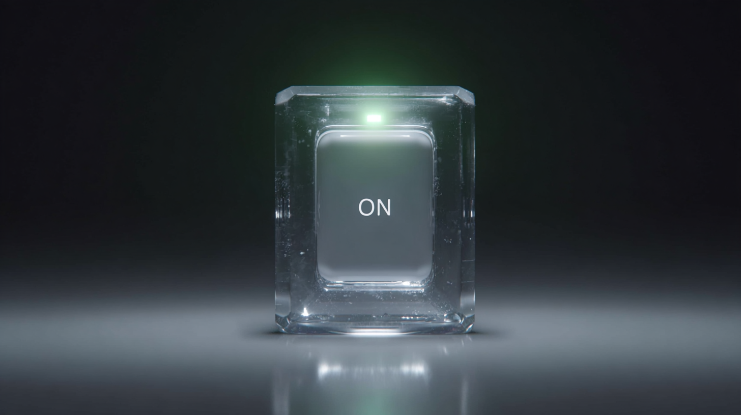 Transparent glass switch cube glowing green with the word “ON,” symbolizing resolving friction and activating smooth user flow.