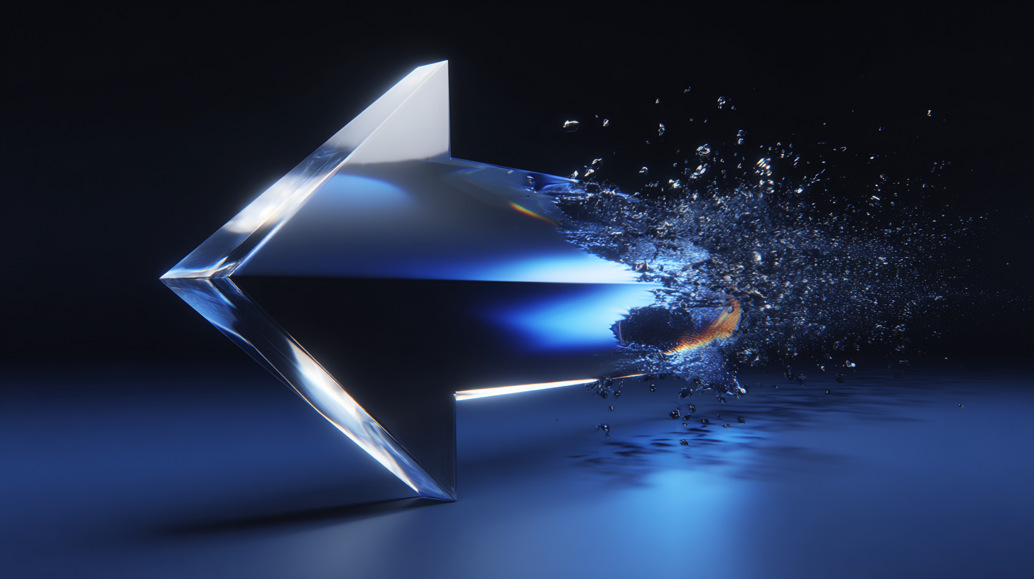 A glass arrow shattering mid-motion, symbolizing how sudden UX breaks disrupt conversion paths.