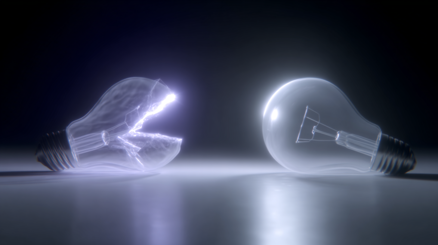 A cracked glass light bulb facing a flawless glowing bulb — illustrating the difference between DIY products and professionally built ones.