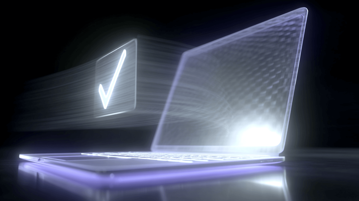 Glass laptop with glowing checkmark — representing a ready-to-sell digital product.