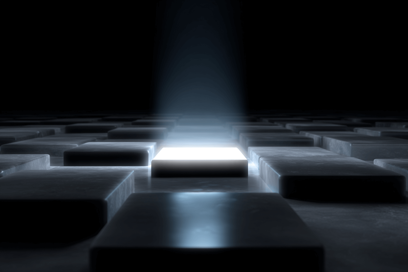 “Single illuminated tile on a dark grid, representing the key clarity shift that speeds up slow revenue funnels.