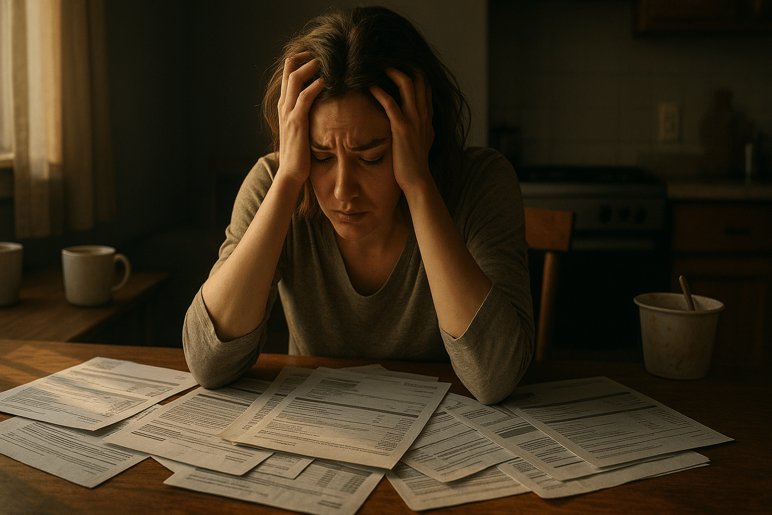 Woman sitting at kitchen table surrounded by bills and financial documents, holding her head in her hands looking stressed and overwhelmed.