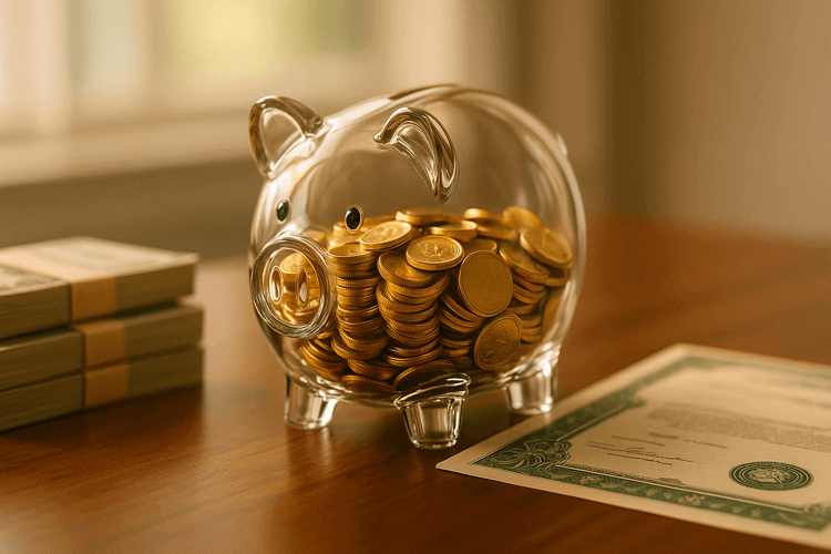 Glass piggy bank filled with golden coins surrounded by cash and treasury bonds on wooden surface.