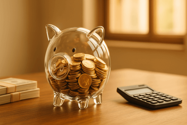 Glass piggy bank with golden coins surrounded by cash stacks and calculator on wooden table.