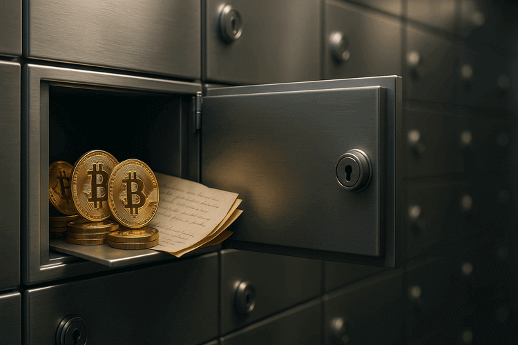 "Open safety deposit box containing Bitcoin coins and documents in a modern bank vault"