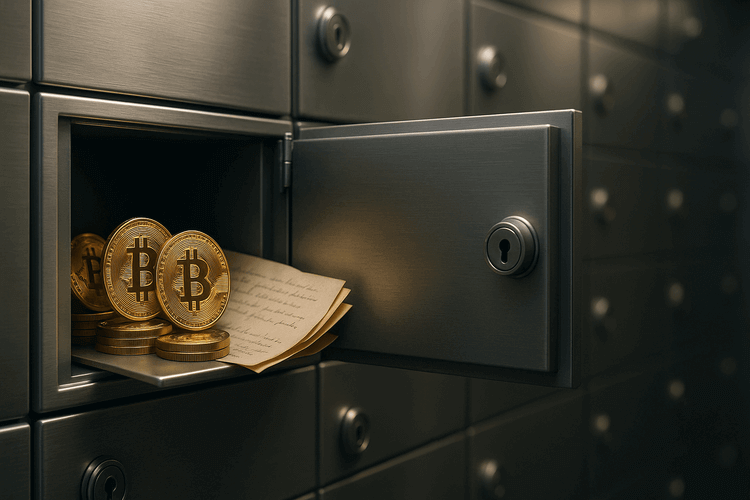 "Open safety deposit box containing Bitcoin coins and documents in a modern bank vault"