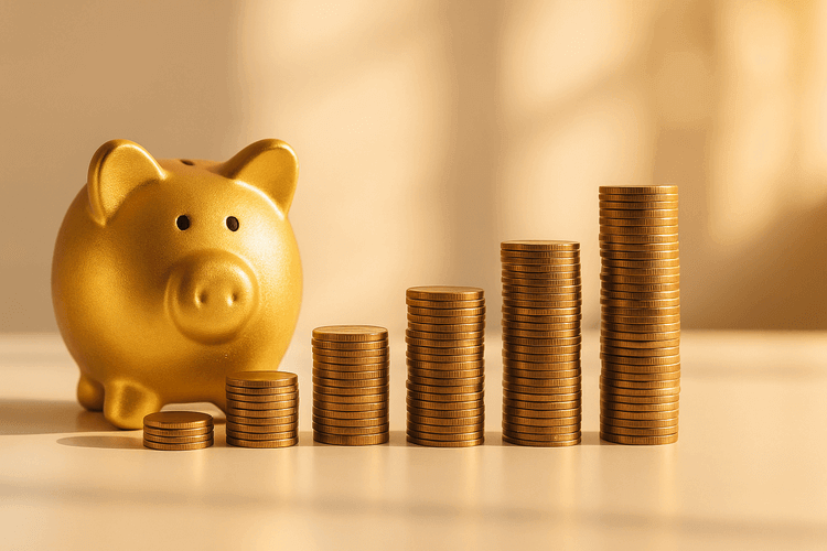 Golden piggy bank with progressively taller coin stacks representing compound interest growth