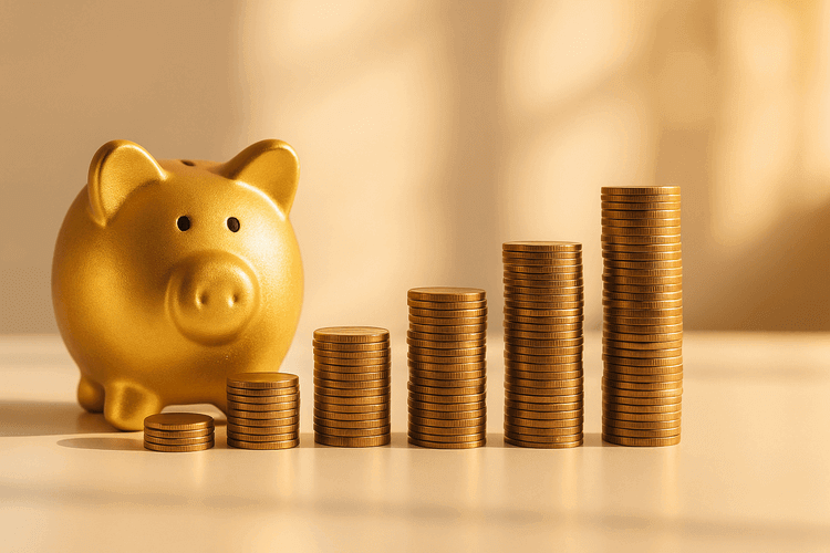 Golden piggy bank with progressively taller coin stacks representing compound interest growth