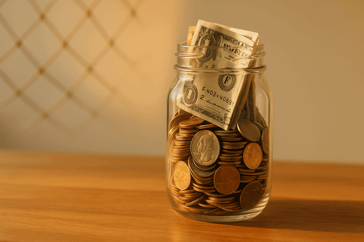 Glass jar filled with coins and bills on wooden surface with rope safety net in soft background lighting.