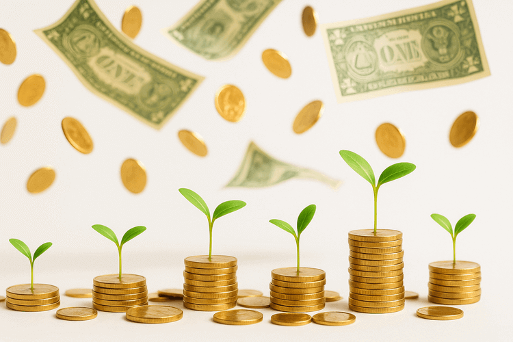 "Golden coins and dollar bills falling against white background with green seedlings sprouting from coins below"