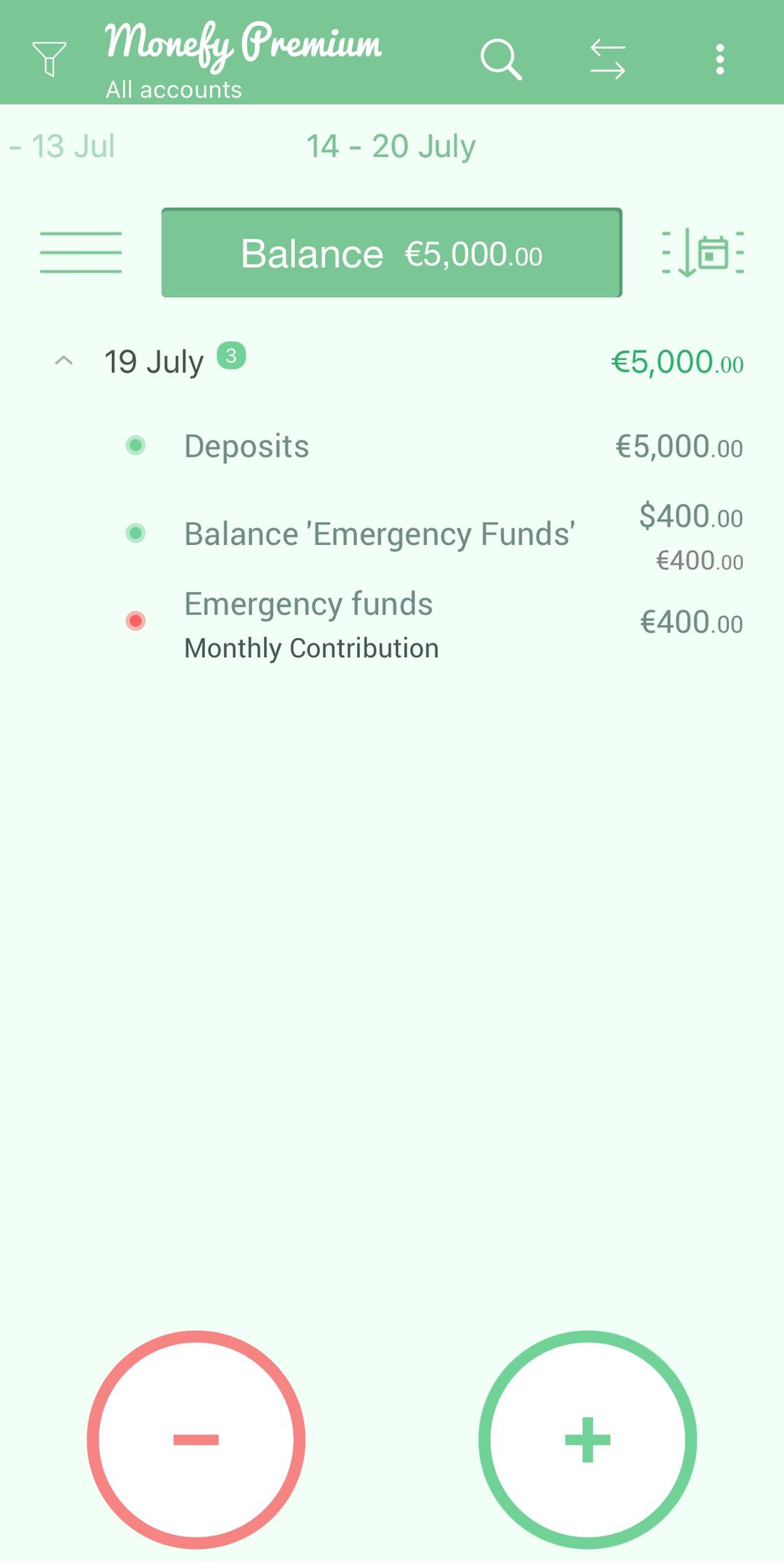 Monefy transaction history showing emergency fund contributions and progress tracking