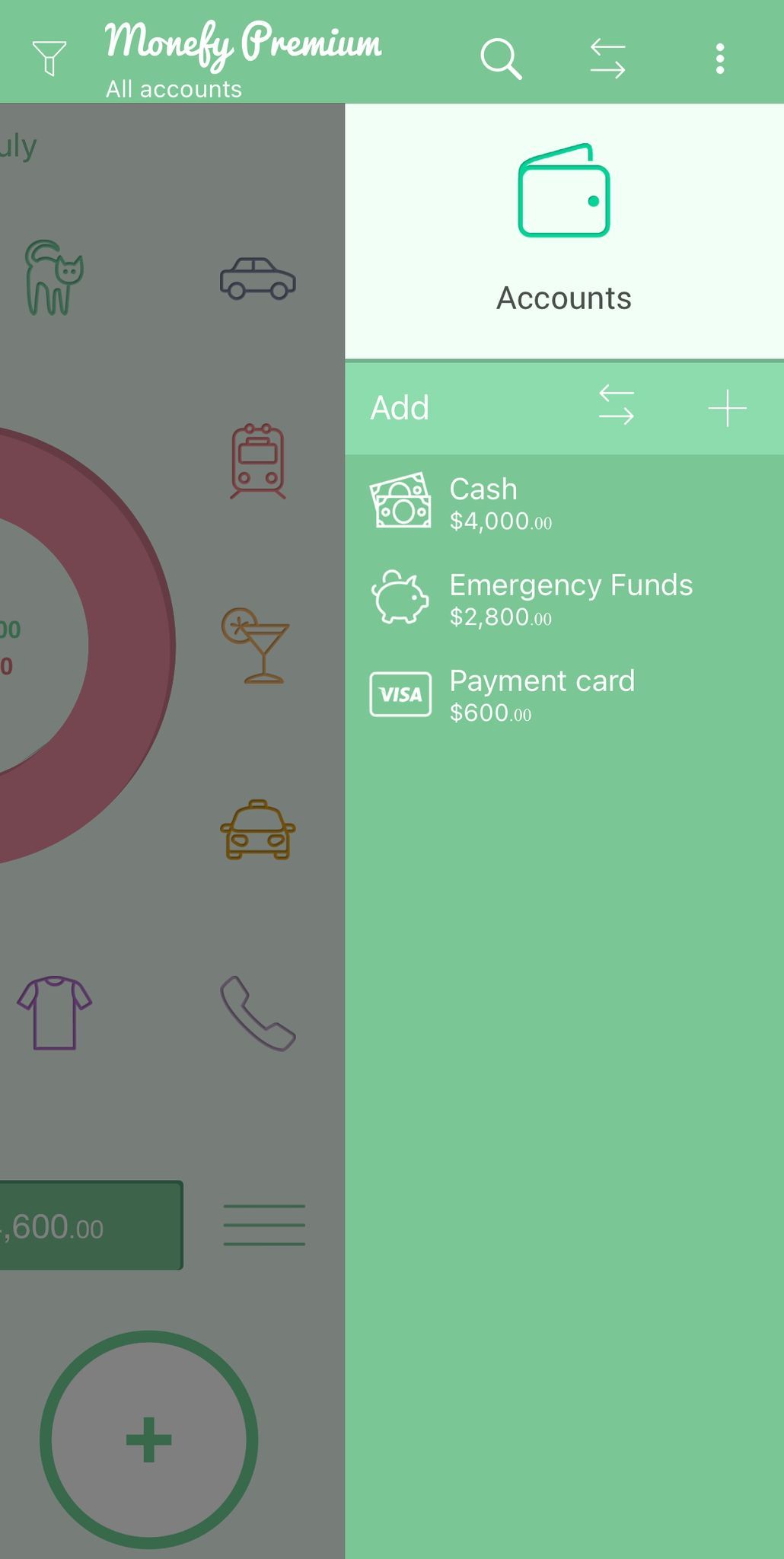 Monefy accounts view showing separate Emergency Funds account with balance tracking