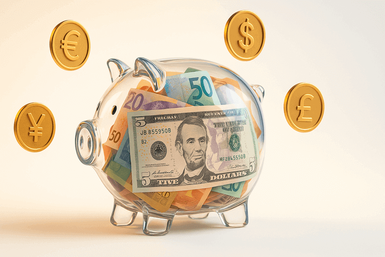 Glass piggy bank filled with international currency notes surrounded by floating golden coins with currency symbols on white background