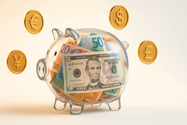 Glass piggy bank filled with international currency notes surrounded by floating golden coins with currency symbols on white background