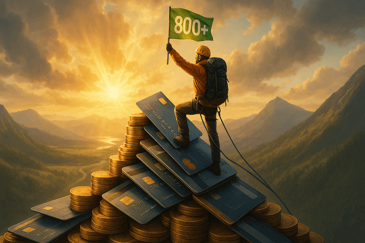 Mountain climber at summit of credit cards and coins, holding green "800+" credit score flag in golden sunlight.