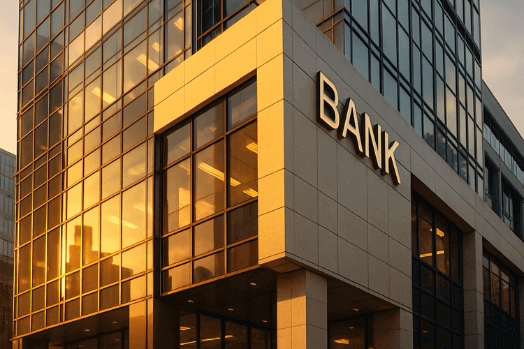 Modern glass bank building with golden sunlight reflections in urban business district.