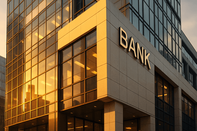 Modern glass bank building with golden sunlight reflections in urban business district.