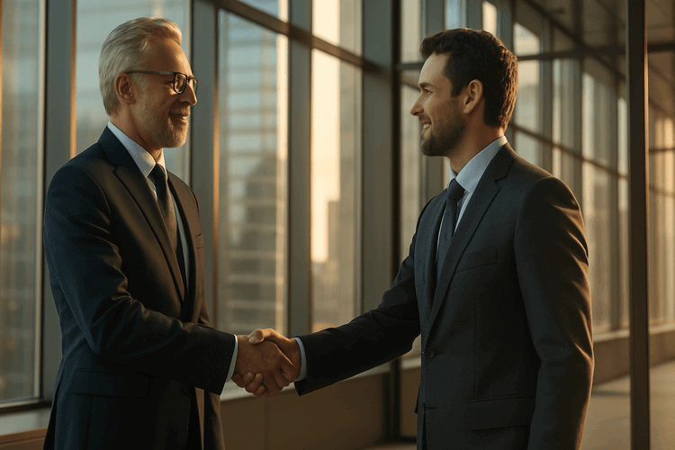 "Two business executives shaking hands in a modern glass office with city skyline view"