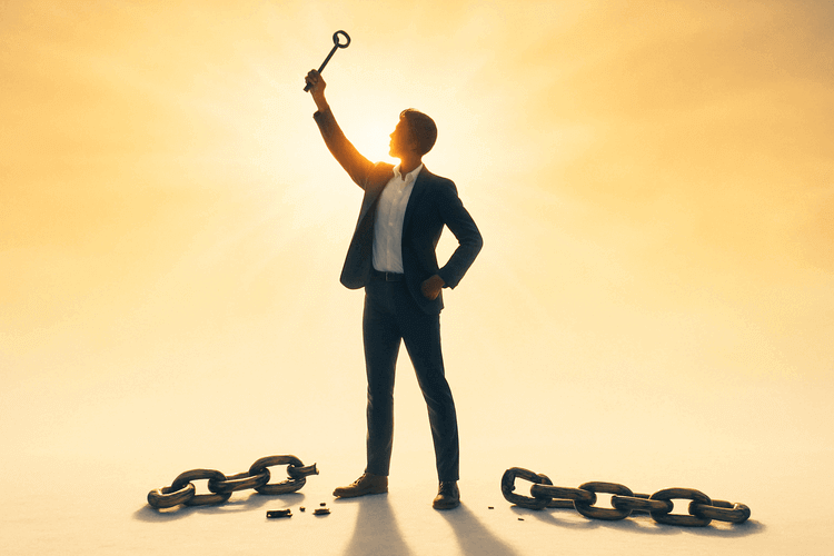 Person holding a key triumphantly with broken chains at their feet in golden sunlight.