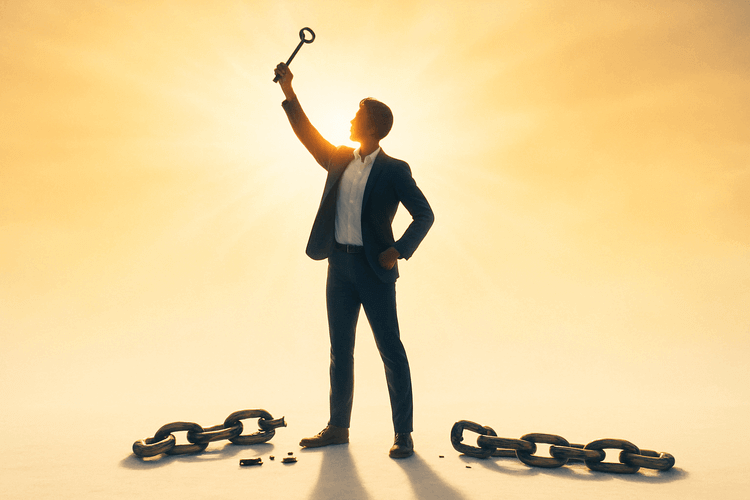 Person holding a key triumphantly with broken chains at their feet in golden sunlight.