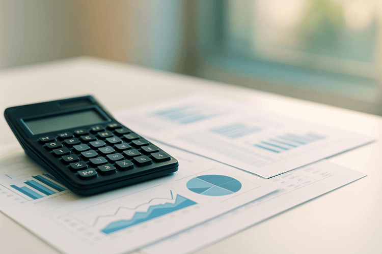 "Calculator and financial documents with charts on white desk in soft lighting"