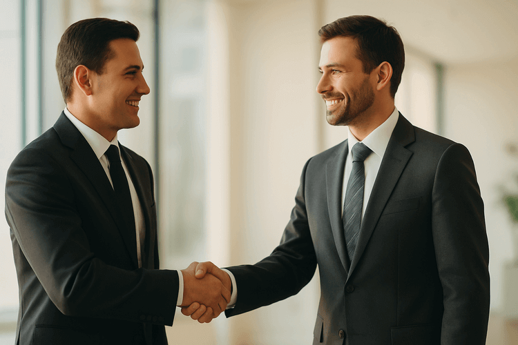 "Two business professionals shaking hands in a modern office setting"