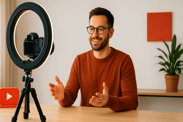 YouTube creator filming in modern studio with ring lighting, professional camera, and clean white backdrop.