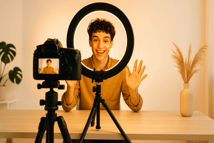 Content creator recording video in bright modern studio with ring light and camera setup.