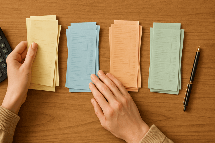 Person organizing colorful receipts and bills on wooden desk with calculator and pen nearby